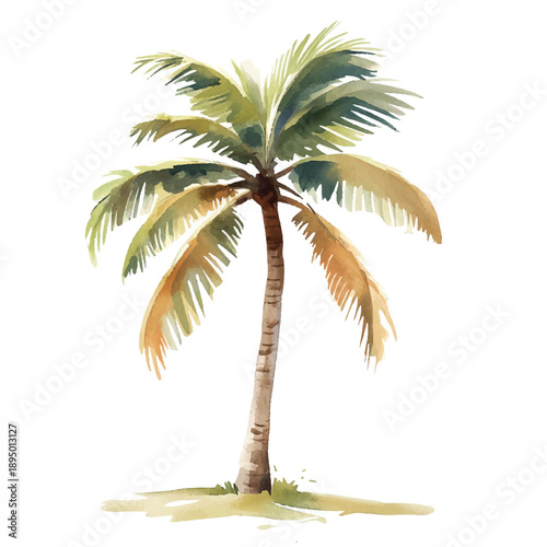 Watercolor painting of a vibrant green and brown palm tree.
