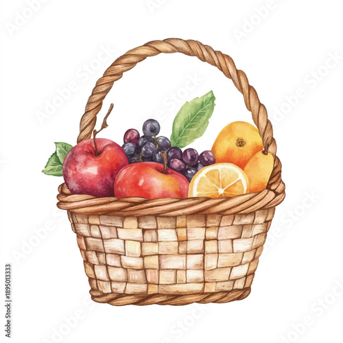 Watercolor painting of a woven basket filled with fresh fruits.