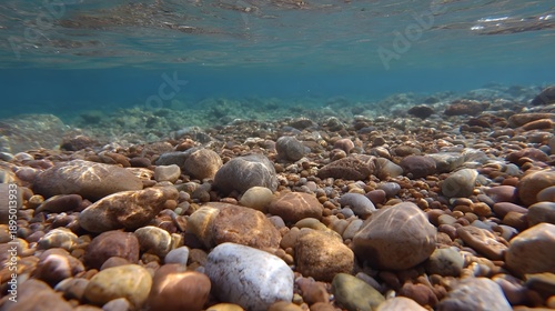 Crystal clear shallow water reveals a natural riverbed carpeted with smooth rounded pebbles and rocks d d with sunlight