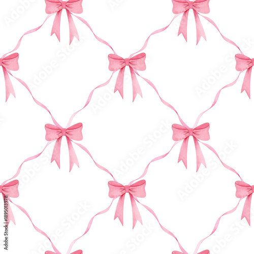 Fotografía Watercolor seamless pattern with pink bows, ribbons forming rhombus