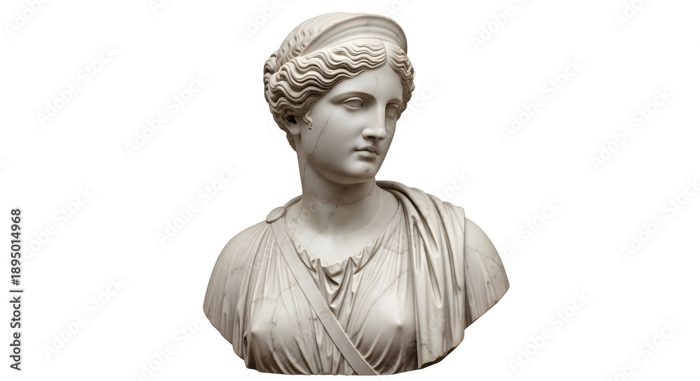 Obraz premium Marble Bust of Woman Isolated on White Background, Classical Sculpture, Ancient Greek Art