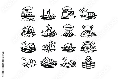 Natural Disaster and Climate Change Line Icons Set