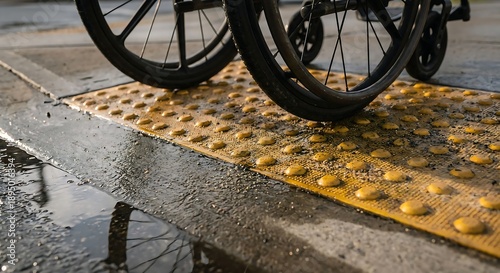 Wheelchair wheels on tactile paving at curb ramp in wet street