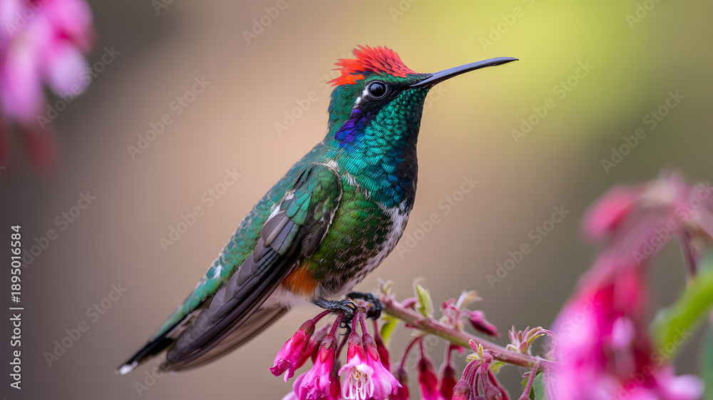 Fototapeta premium A vibrant hummingbird perched on a delicate pink flower in a lush natural setting