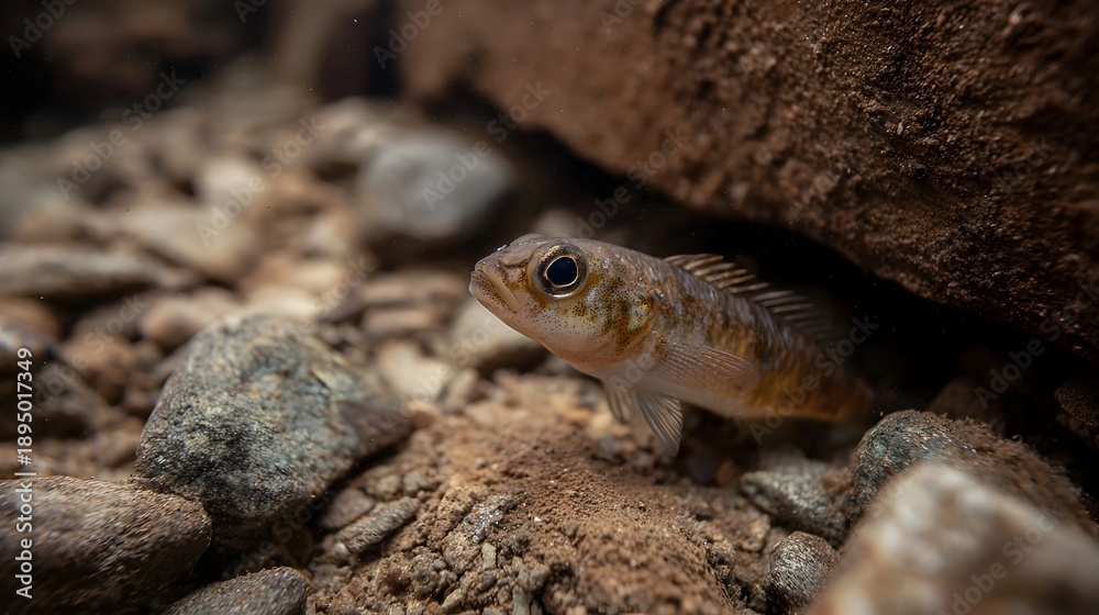 Obraz premium A small striped fish cautiously emerges from beneath a submerged rock in a shallow clear aquatic environment