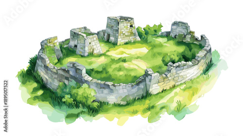 Kuelap Fortress. Kuelap Fortress hand drawn watercolor illustration
