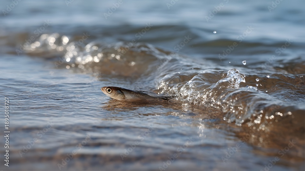 Fototapeta premium A small struggling fish is caught in the shallow surf of a wave at the water s edge