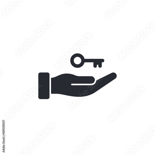 Minimal black silhouette of an open hand with a key above the palm. Symbol of access, trust, ownership, permission, or responsibility. Ideal for business, security, and interface design.
