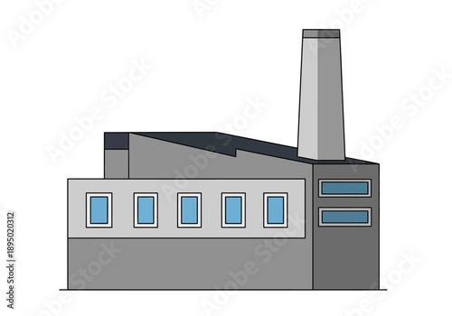 Modern Industrial Factory Building with Smokestack and Windows Illustration from a Side Viewpoint