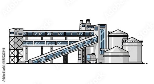 Industrial facility illustration showing conveyor belt and silos in a factory setting from a side view