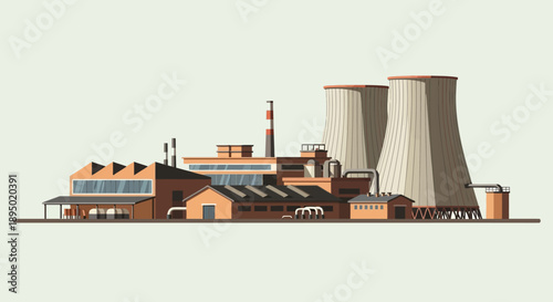 Industrial facility with cooling towers and buildings in a landscape viewed from the side