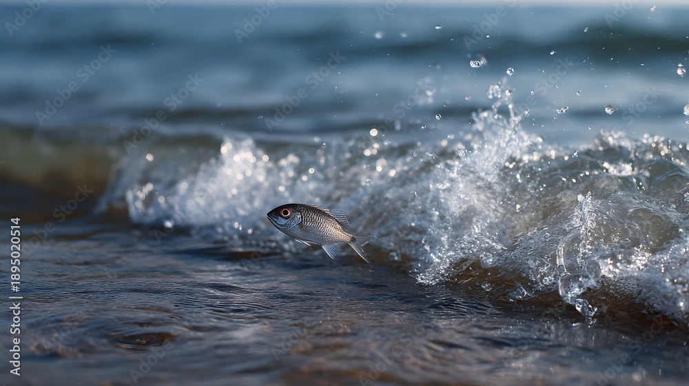 Fototapeta premium A small fish leaps from the crest of a breaking ocean wave surrounded by spray