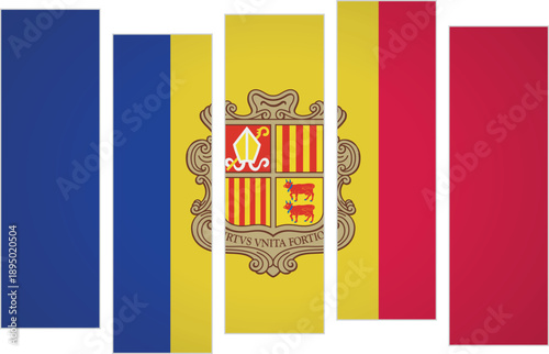Flag of Andorra. Flag with a design featuring vertical panels in a modular perspective