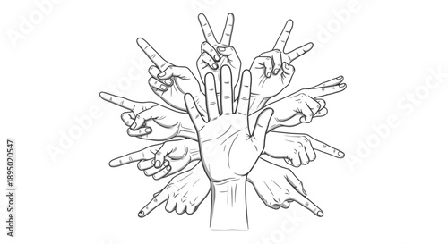 Multiple hands pointing fingers at a central hand gesture.