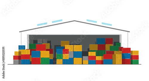 Colorful shipping containers stacked outside a warehouse with a simple architectural design viewed from the front