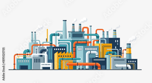 Industrial complex with multiple factories and pipes viewed from the front