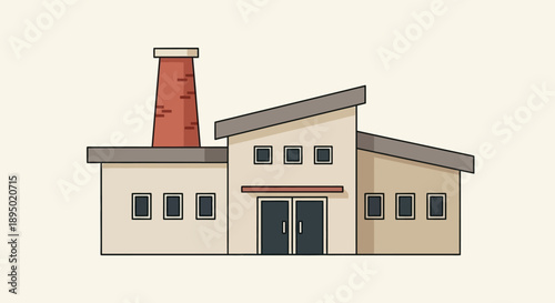 Illustration of an industrial building with a factory chimney viewed from the front