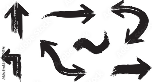 Set of various black grunge arrows pointing in multiple directions with a distressed brush stroke texture on a white background, ideal for design elements.