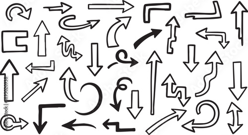 A diverse collection of hand-drawn arrows pointing in multiple directions, featuring various styles from simple lines to more elaborate curves and shapes.