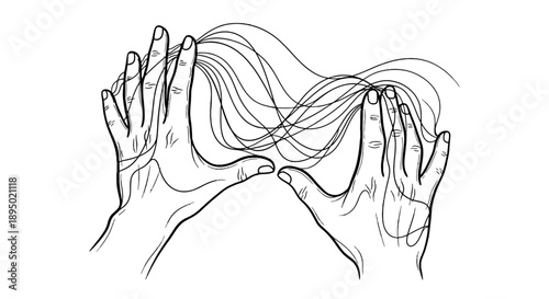 Line art illustration of hands holding and flowing hair.