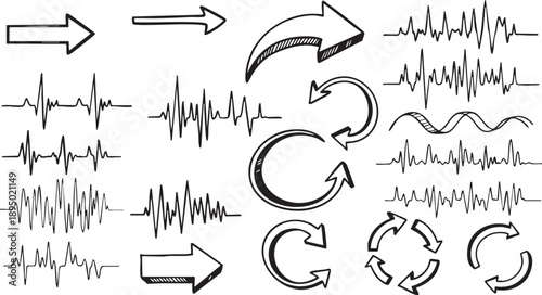 Hand-drawn collection of various arrows and waveform patterns on a white background, suitable for graphic design elements and illustrations.