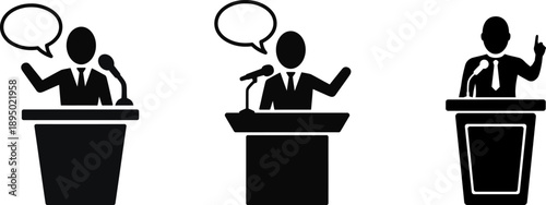 Black silhouette icons of speakers at podiums with microphones and speech bubbles