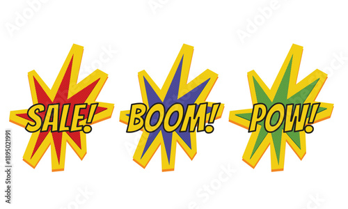 Retro comic speech bubbles set with halftone texture. Red Sale, blue Boom, green Pow 3D explosion shapes. Pop art vector illustration stickers.