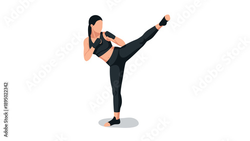 Athletic woman practicing kickboxing in flat design