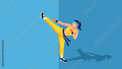 Dynamic flat design of a martial artist kicking with strength and precision