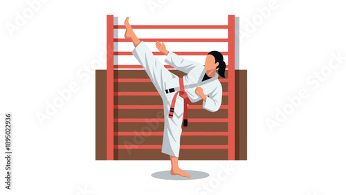 Martial artist in action: high kick in training attire with red headgear