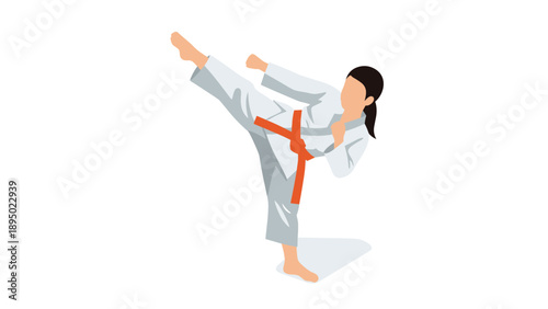 Isometric martial arts practice: woman in karate uniform with high kick