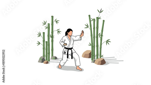 Karate practitioner surrounded by bamboo stands in martial arts pose