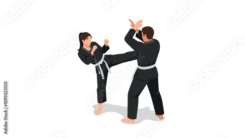 Martial arts sparring scene: karate practitioners in dynamic action pose