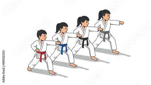 Martial arts training in isometric style with diverse belt colors