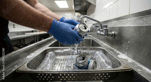 Worker rinsing aluminum cans and plastic bottles for recycling at a stainless sink