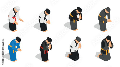 Isometric martial arts participants bowing in traditional uniforms