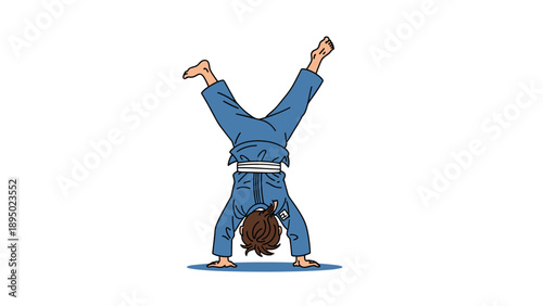 Martial artist performing handstand in blue gi on white background