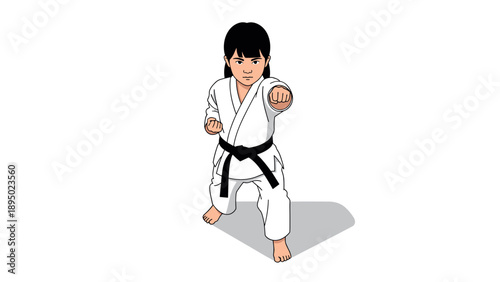 Kid practicing karate in white uniform with black belt, demonstrating martial arts skills