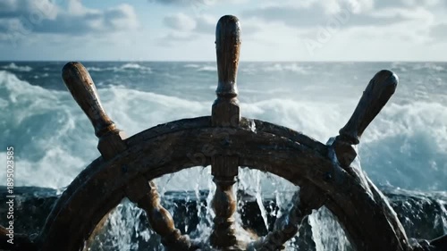 Close-up of a ship's steering wheel with ocean waves and expansive horizon in the distance.