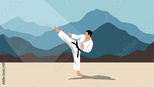 Karate master in dynamic pose against mountain landscape