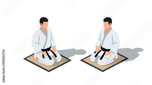 Isometric martial arts training: two practitioners in white gi with black belts