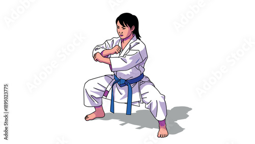 Karate pose with blue belt in martial arts uniform on white background