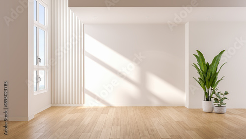 Modern minimal living room featuring wood floor with a large window elegant contemporary white room ,Color of the Year 2026 – Cloud Dancer ,copy space ,emptry room.3Drender