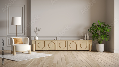 Scandinavian living room interior featuring wooden cabinet, neutral colors, and indoor plants. Modern home design with warm and natural atmosphere.3drender