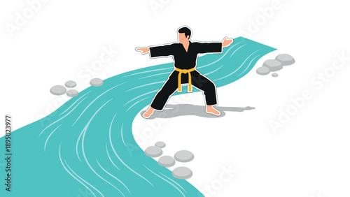 Karate pose on flowing river background with rocks and shadow in flat style