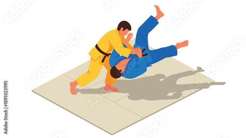 Isometric judo fighters on mat in dynamic throw pose