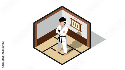 Isometric karate training room with martial artist in gi