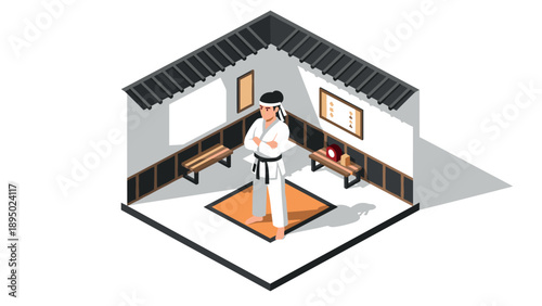 Isometric martial arts dojo with confident karate fighter in meditation pose