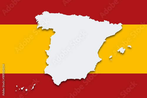 Spain, country silhouette on civil flag. Gray outlines of the Kingdom of Spain with cast shadow on the Bandera. Horizontal banner of two red stripes on top and bottom, and a yellow one in the middle.