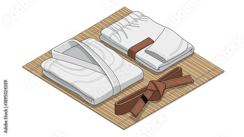 Isometric martial arts attire with gi and belt on bamboo mat
